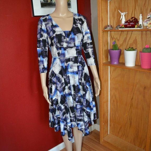 “Simply Vera Vera Wang Abstract Print Midi Dress XS 3/4 Sleeve A-Line Scoop Neck - Picture 5 of 13